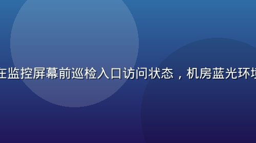 技术人员在监控屏幕前巡检入口访问状态，机房蓝光环境专业感强